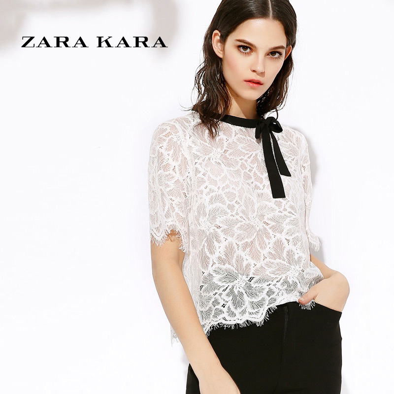 ZARA KARA镂空白色蕾丝衫雪纺短袖气质淑女小衫打底上衣女2018夏季新款B