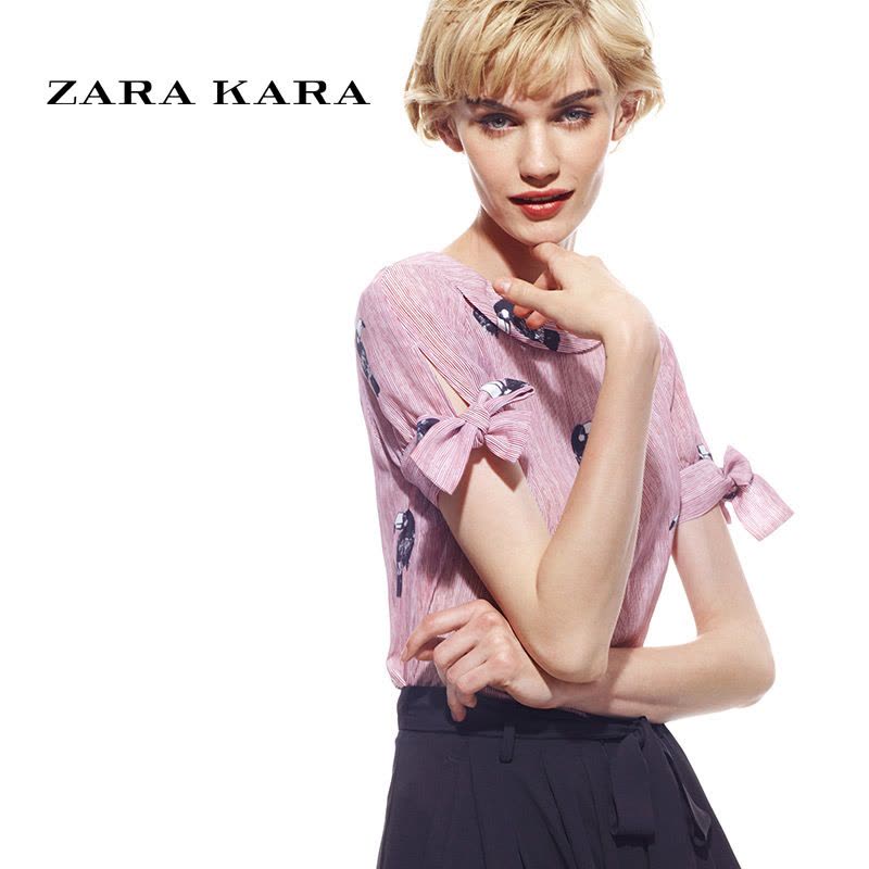 ZARA KARA娃娃领蝴蝶结短袖雪纺衫女夏衬衫藕粉色上衣2018新款超仙显瘦FB图片