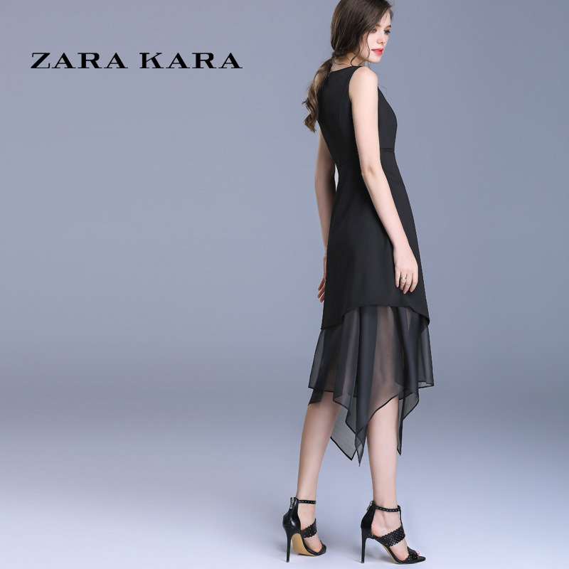 ZARA KARA黑色修身显瘦雪纺连衣裙不规则中长款名媛气质2018夏新款女装