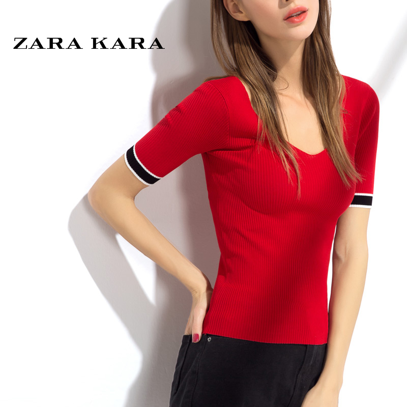 大领口红色针织短袖T恤女露背性感夏季衣服拼接修身上衣女装潮