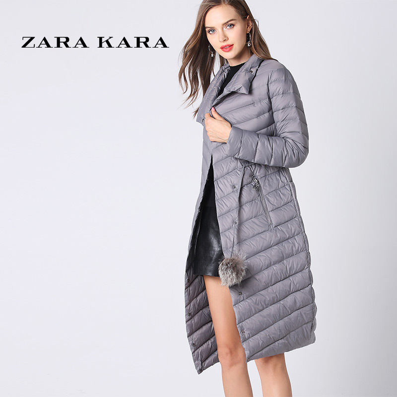 ZARA KARA2018秋冬新款时尚中长款羽绒服收腰显瘦带毛球白鸭绒品牌外套