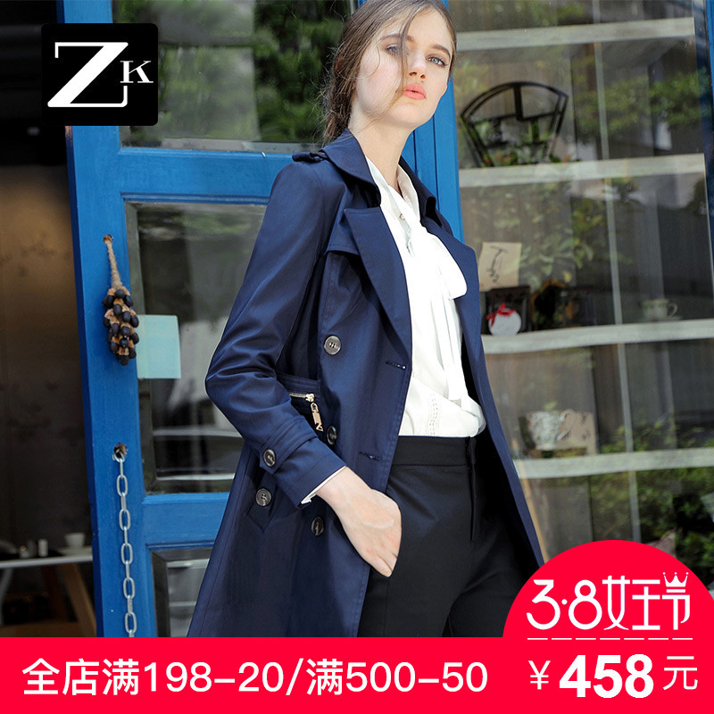 ZK双排扣风衣女中长款 韩版简约修身显瘦纯色外套2018春季新款BC