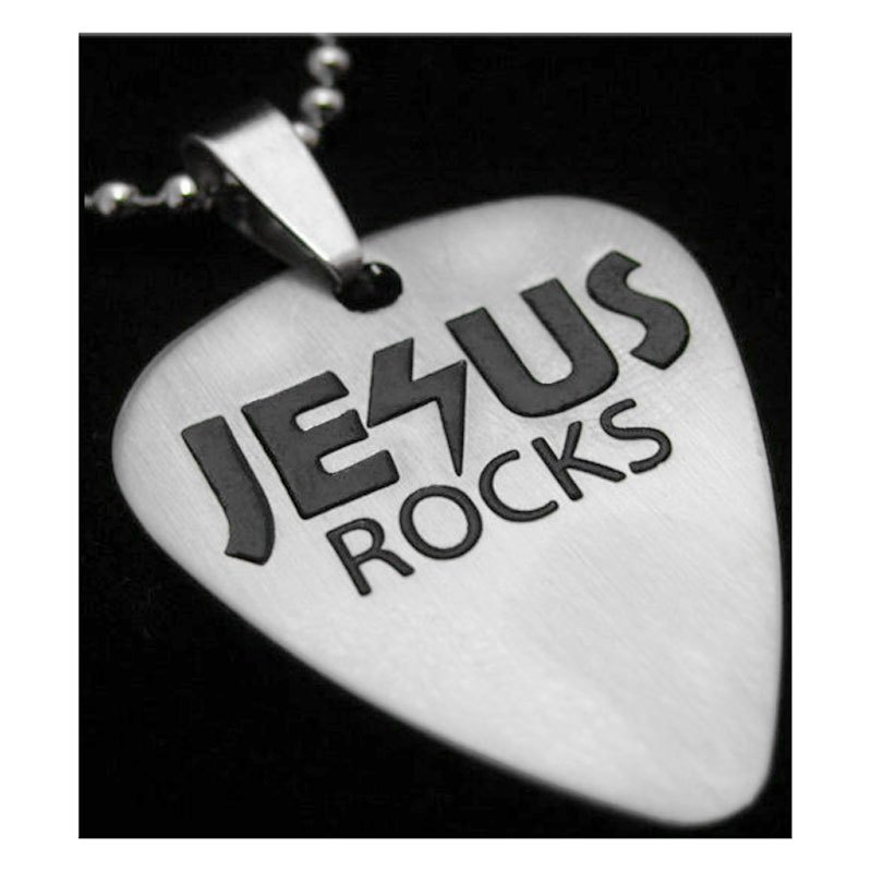 Woshion 钛钢金属个性摇滚吉他拨片项链 JESUS ROCKS耶稣是磐石