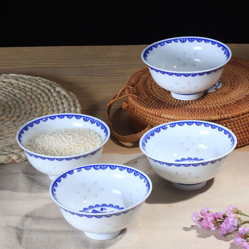 LICHEN 景德镇青花玲珑陶瓷碗古典 陶瓷餐具 高温烧制 微波炉适用 釉下彩年年有鱼5英寸饭碗 10个装图片