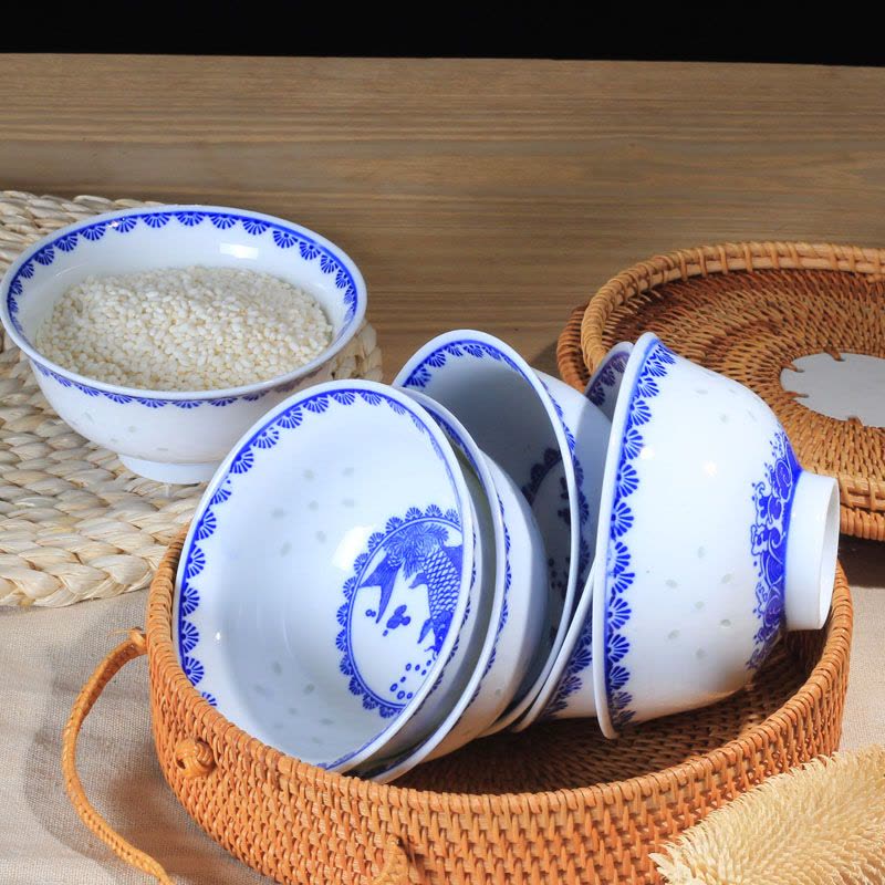 LICHEN 景德镇青花玲珑陶瓷碗古典 陶瓷餐具 高温烧制 微波炉适用 釉下彩年年有鱼5英寸饭碗 10个装图片