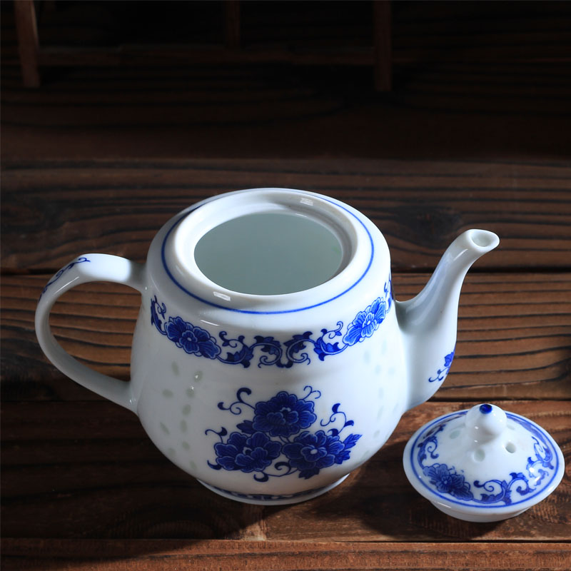 景德镇青花玲珑陶瓷茶具套装一壶六杯 牡丹花套装高清大图