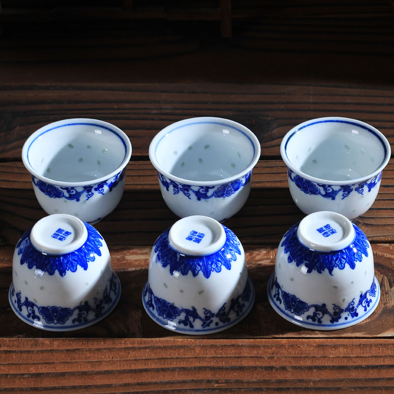 景德镇青花玲珑陶瓷茶具套装一壶六杯 牡丹花套装高清大图