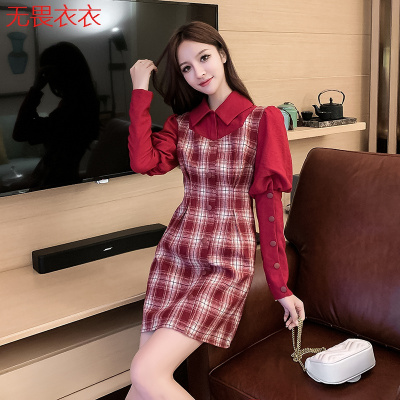 无畏衣衣2020新款女秋装韩版修身复古长袖灯芯绒拼接假两件格子红色连衣裙子