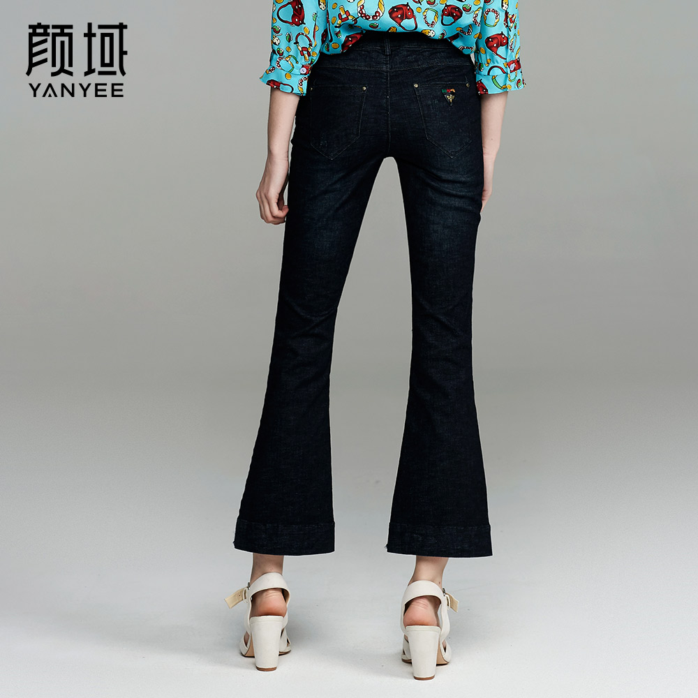 颜域品牌女装2017夏季新款简约九分裤微喇叭裤显瘦弹力牛仔裤深色 30S7165