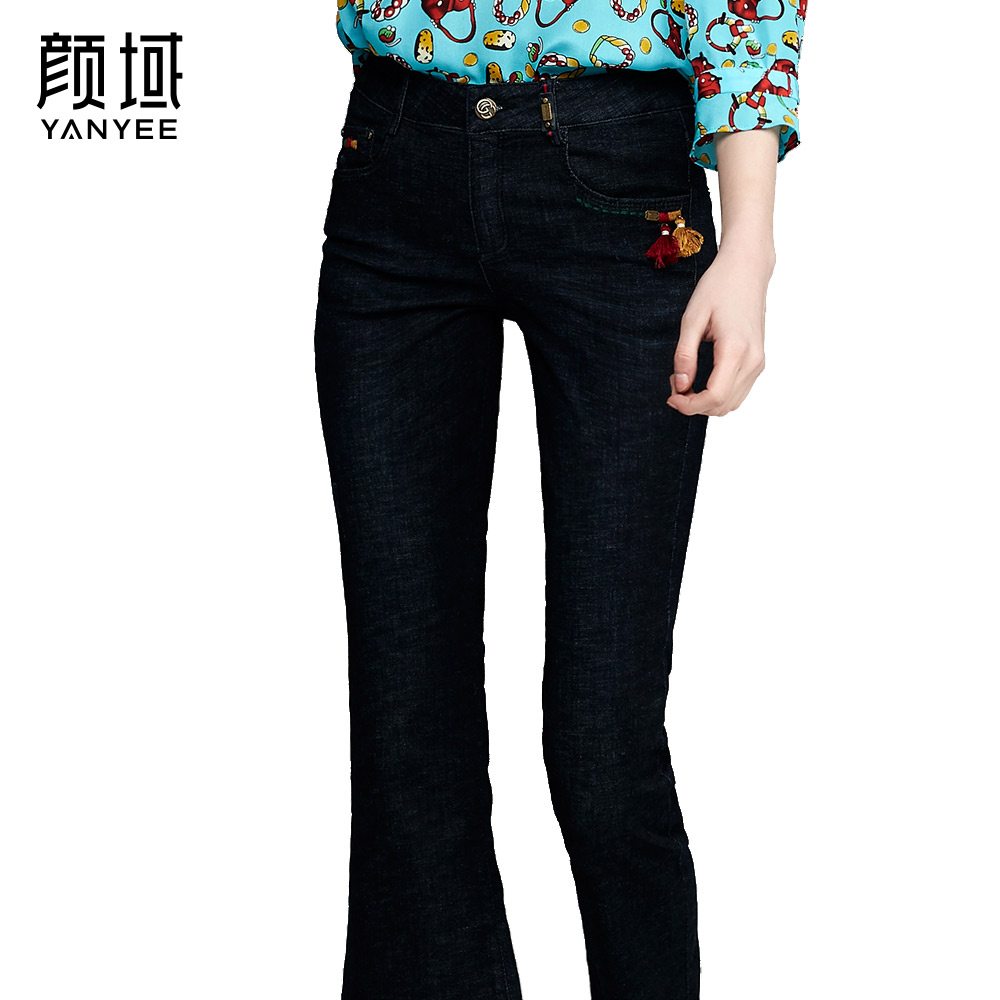 颜域品牌女装2017夏季新款简约九分裤微喇叭裤显瘦弹力牛仔裤深色 30S7165