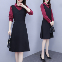 魅言魅语(MeiYanMeiYu)2021年秋季新款大码气质翻领腰间纽扣假两件减龄连衣裙