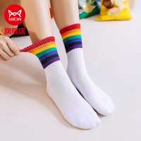 [5双装]猫人秋冬袜子彩色细横条撞色图案中筒女棉袜时尚潮袜立体袜 均码
