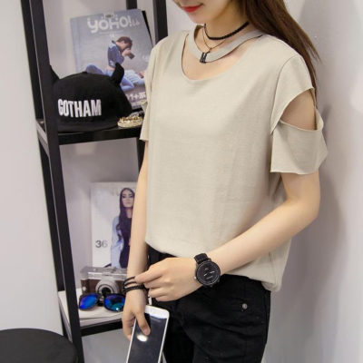 2016韩版女装领口M字纯色镂空项链露肩短袖T恤学生宽松上衣