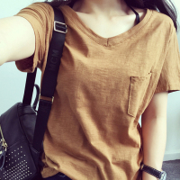 2016夏季韩版新款竹节棉女装纯色V领口袋短袖t恤女学生简约显瘦打底衫潮
