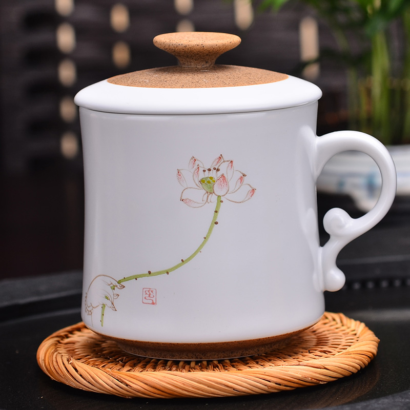 景德镇陶瓷茶具茶杯 300ml手绘兰花自在杯办公室茶杯水杯 过滤杯子带盖