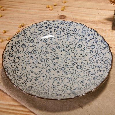 瓷物语景德镇 日式餐具套装 和风 日式8英寸 釉下彩陶瓷碗套装蓝富贵波纹盘(青花)