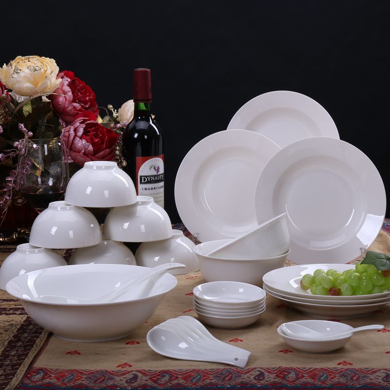 瓷物语微波炉适用纯白系列骨瓷餐具碗盘碟陶瓷器中式结婚礼品28头配面碗