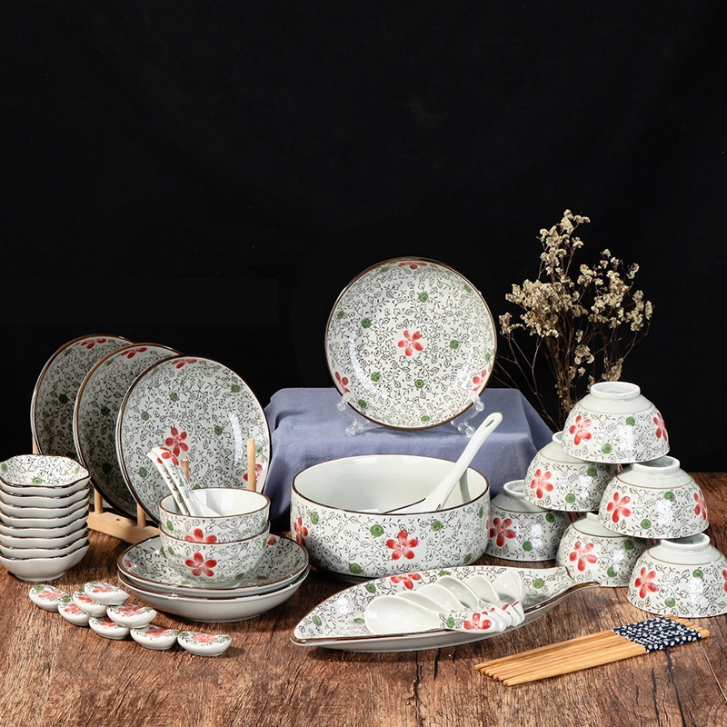 餐具碗碟套装 釉下彩创意41头大红花日式陶瓷餐具套装礼品套装