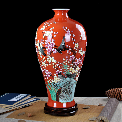 瓷物语陶瓷摆件粉彩手绘喜上眉梢花瓶中式装饰家饰品客厅摆件红色梅瓶-送底座