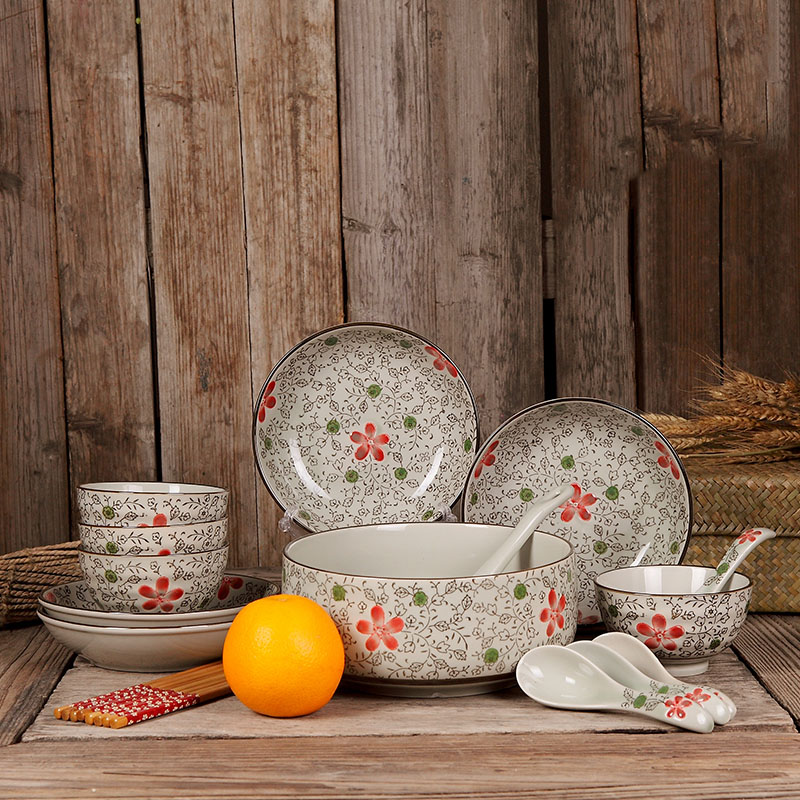 瓷物语18头陶瓷器陶瓷餐具套装韩式家用米饭碗结婚礼品(大红花配米饭碗)