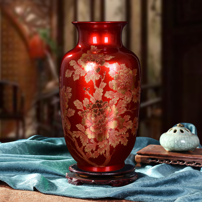 瓷物语陶瓷器客厅摆件景德镇花瓶中国红水晶釉花开富贵金牡丹工艺品(冬瓜瓶)