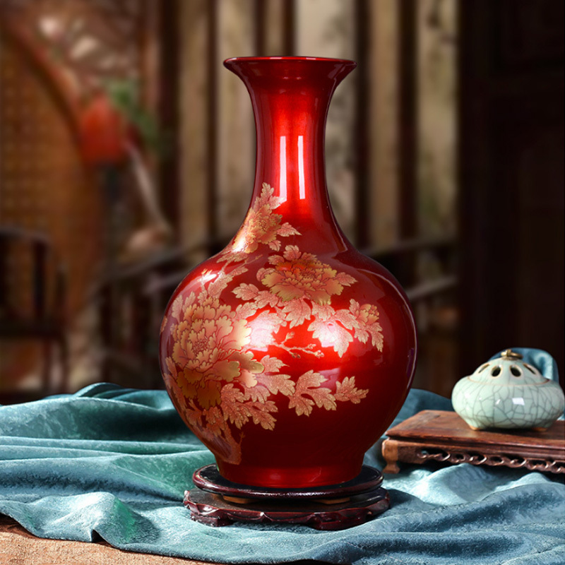 瓷物语陶瓷器客厅摆件景德镇花瓶中国红水晶釉花开富贵金牡丹工艺品赏