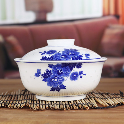 陶瓷大盖碗保鲜碗微波炉餐具家用面碗带盖青花瓷汤碗搭配7英寸牡丹