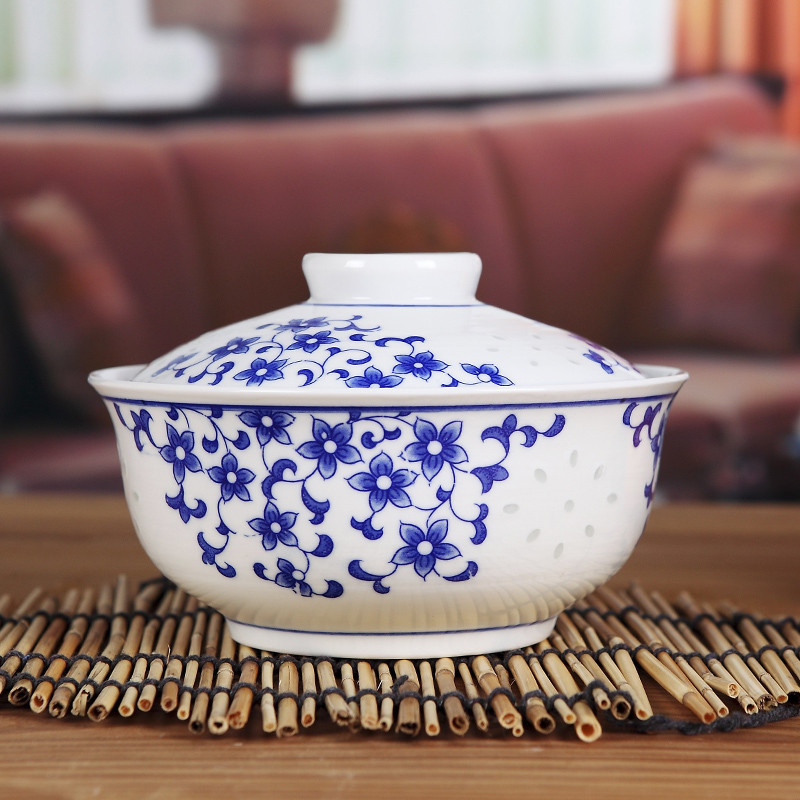 陶瓷大盖碗保鲜碗微波炉餐具家用面碗带盖青花瓷汤碗搭配 7英寸