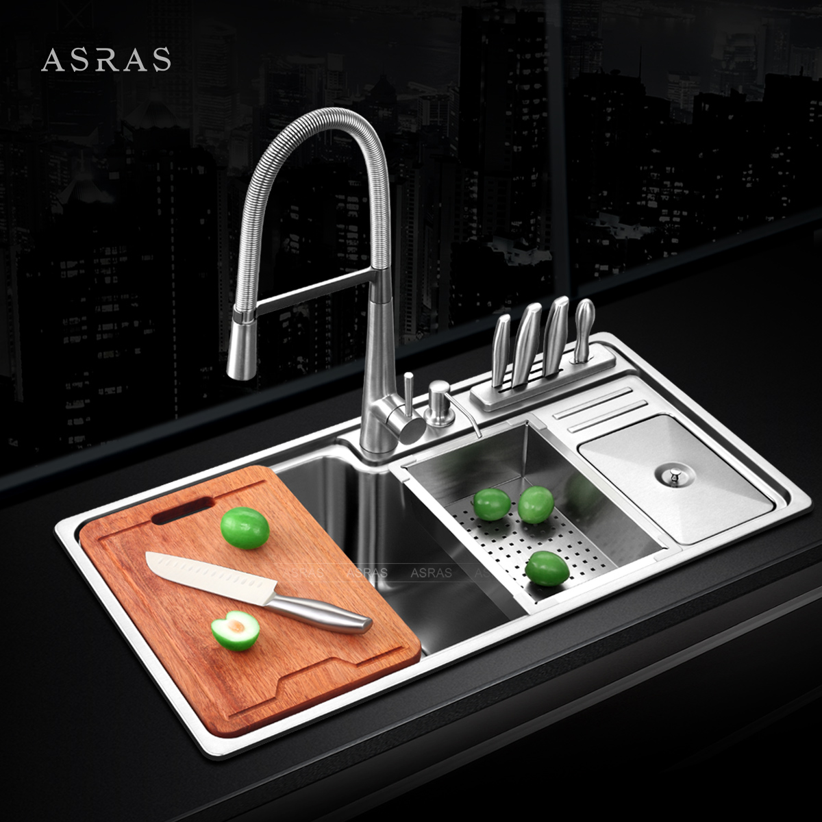 阿萨斯单槽加厚304不锈钢水槽套餐装单槽厨房洗菜盆带刀架洗菜盆