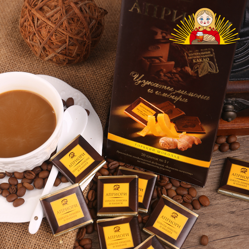 安妮斯 俄罗斯进口食品零食65%可可脂柠檬黄姜黑巧克力100克/盒