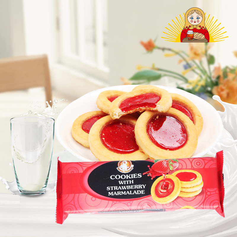 俄罗斯原装进口圣焙客草莓酱奶油饼干100克/袋休闲饼干零食
