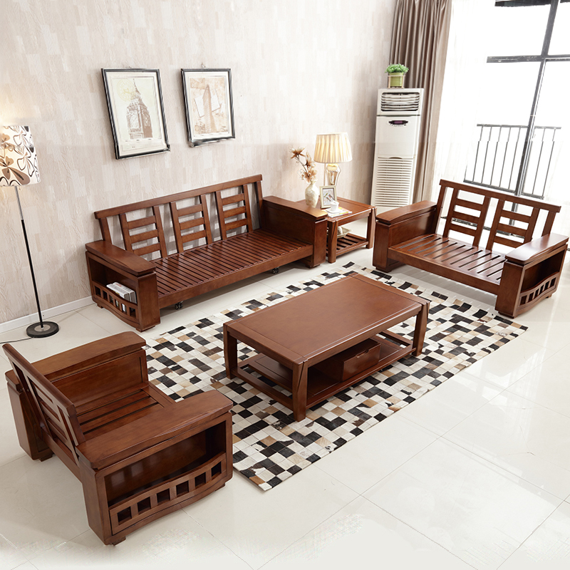 景山百岁 现代中式 实木沙发茶几组合 5件套u型木质布艺坐垫大小户型客厅套房家具 A022#高清大图