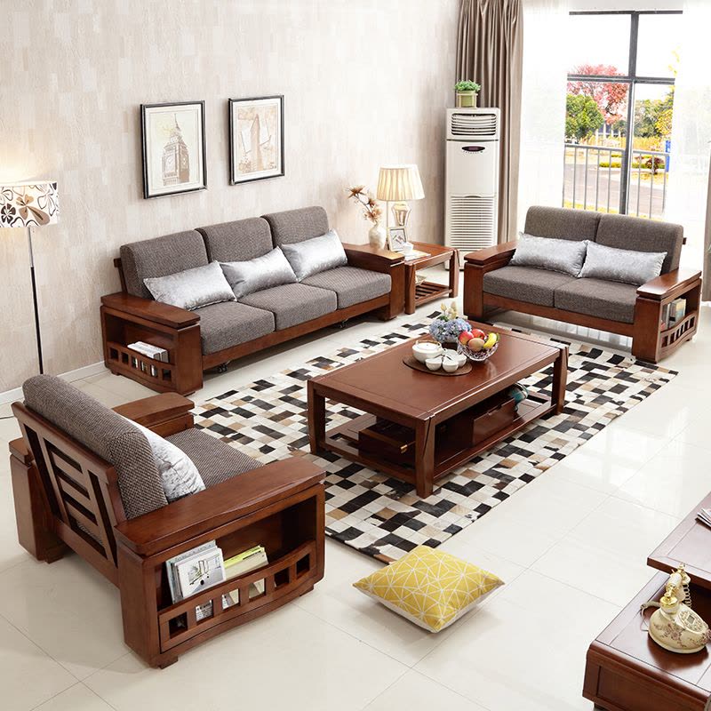 景山百岁 现代中式 实木沙发茶几组合 5件套u型木质布艺坐垫大小户型客厅套房家具 A022#图片