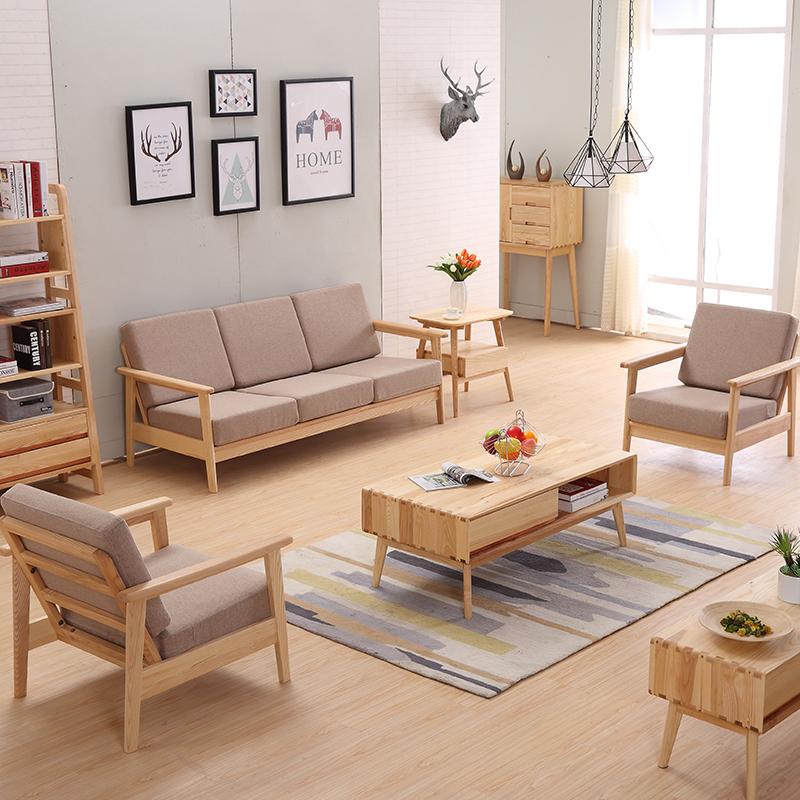 景山百岁实木沙发茶几组合5件套u型木质布艺坐垫大小户型客厅套房家具