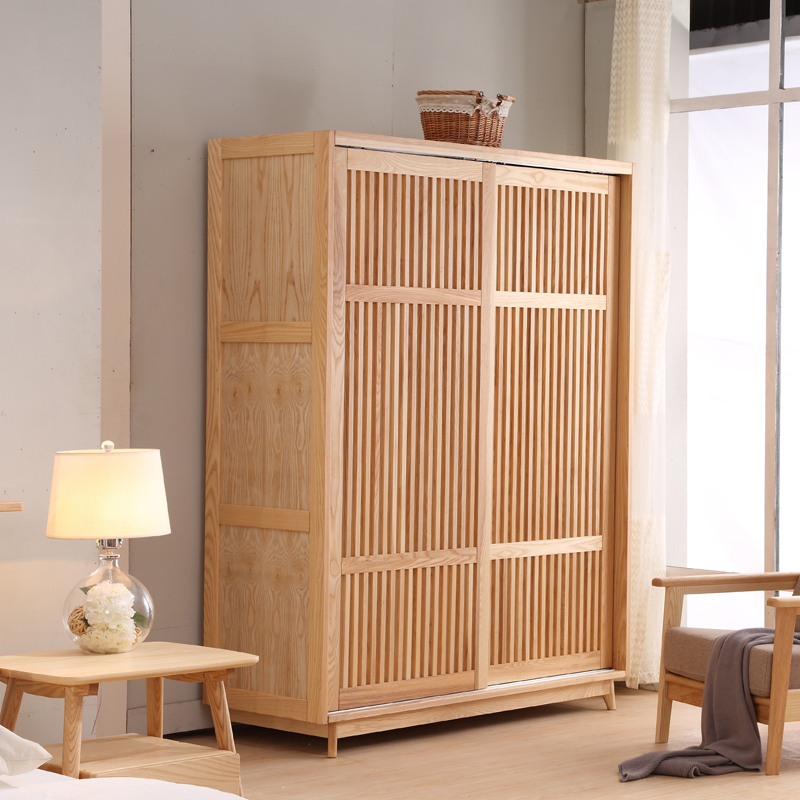 木蜡油 北欧日式推拉门衣柜 实木卧室家具现代简约2门白蜡木大衣橱