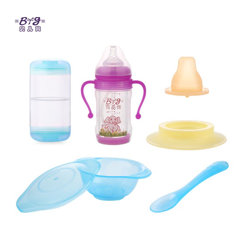贝儿高防破碎儿童玻璃奶瓶宝宝训练学用PP碗勺吸盘餐具套装礼盒图片