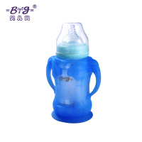 贝儿高宝宝儿童240ml（蓝色）玻璃奶瓶新生儿宽口径防爆防摔吸管硅胶保护套手柄两件套