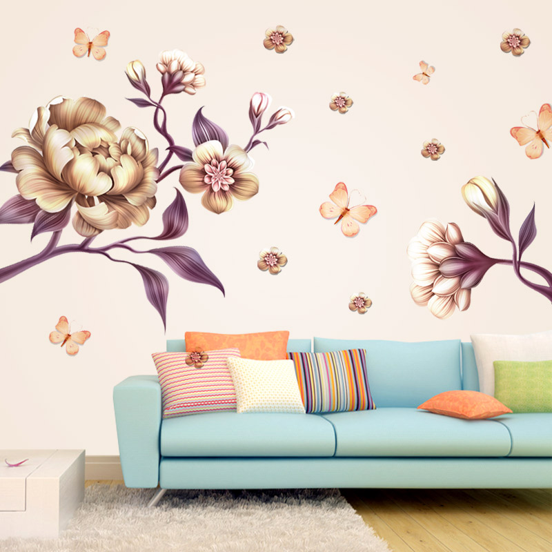 富贵花开客厅墙贴画沙发床头电视背景墙装饰可移除墙纸自粘