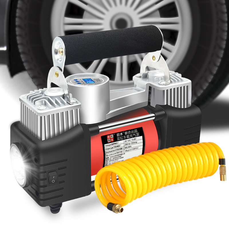 巨木 车载充气泵双缸12V大功率便携式汽车用轮胎打气泵 海绵手提双缸充气泵 数显自动充停空工具箱