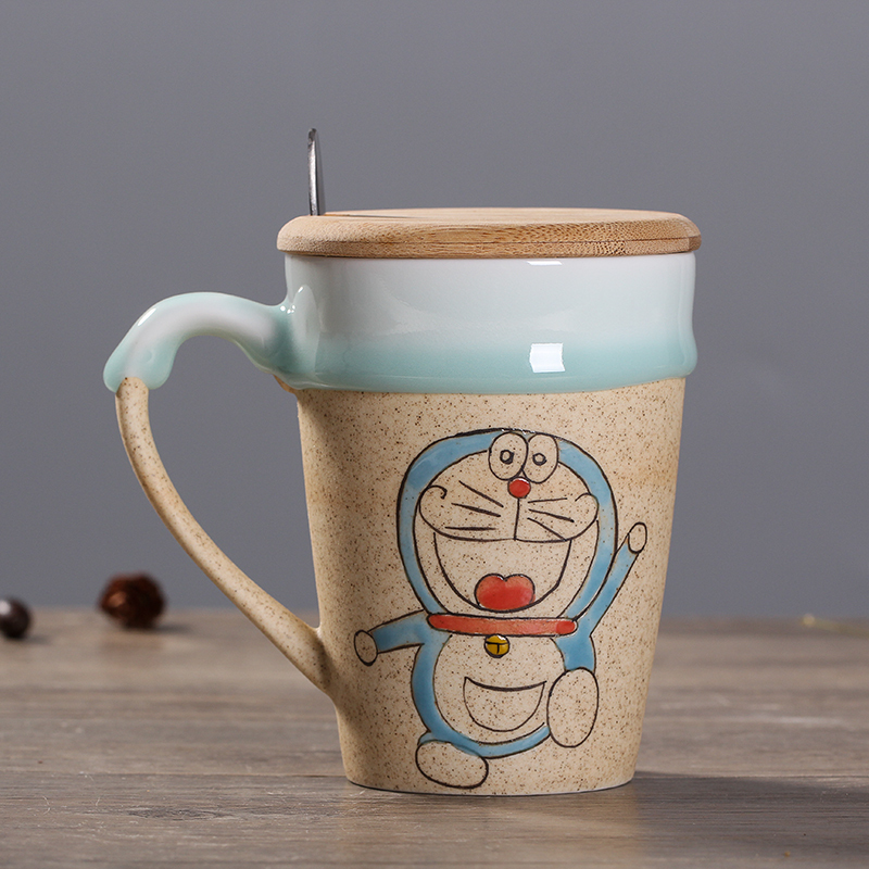 艺锦蓝景德镇杯子陶瓷手绘磨砂意咖啡杯陶瓷杯个性水杯可爱马克杯带盖