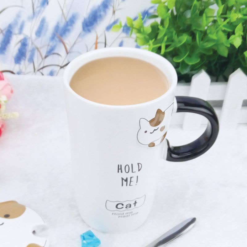艺锦蓝 创意浮雕猫杯子陶瓷马克杯大容量不保温水杯水具带盖勺情侣喝水杯牛奶咖啡杯图片