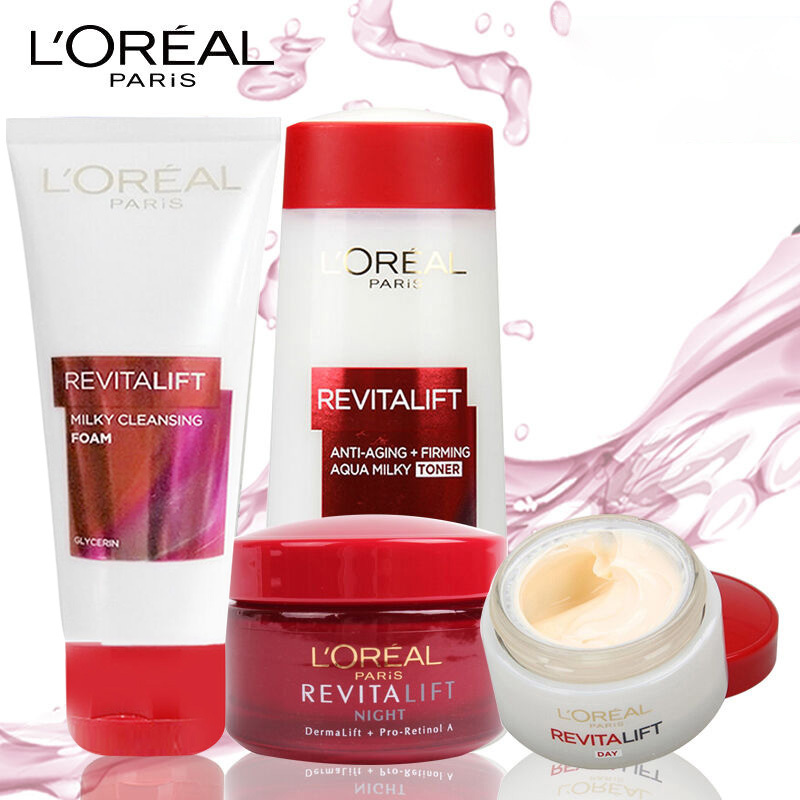 LOREAL/欧莱雅女士保湿补水复颜抗皱系列套装 日霜50ml+晚霜50ml+爽肤水200ml+洗面乳100ml四件套装