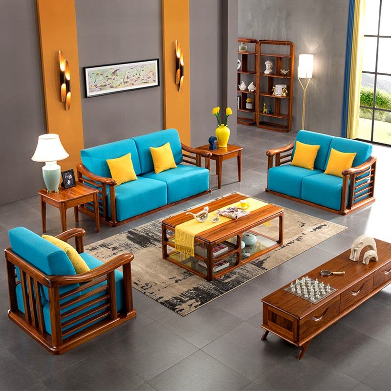 龙森家具 北欧实木沙发乌金木1+2+3沙发组合 客厅家具 实木布艺沙发组合图片