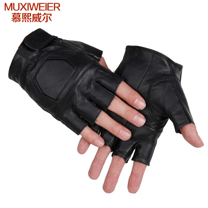 MUXIWEIER真皮运动半指手套防滑户外山地车骑行手套健身手套 黑色