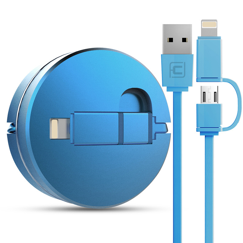 卡斐乐苹果6数据线安卓两用二合一iPhone5s手机充电线器一拖二伸缩车载通用 天蓝色