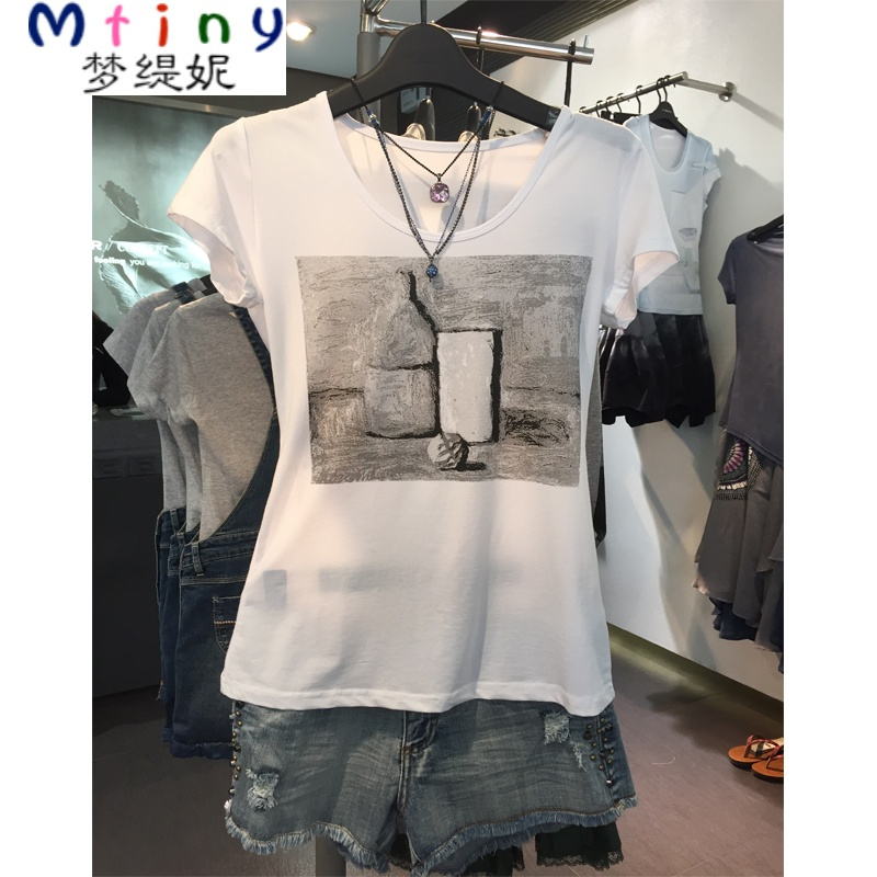 Mtiny2017新款夏款女装简约棉圆领印花修身短袖T恤
