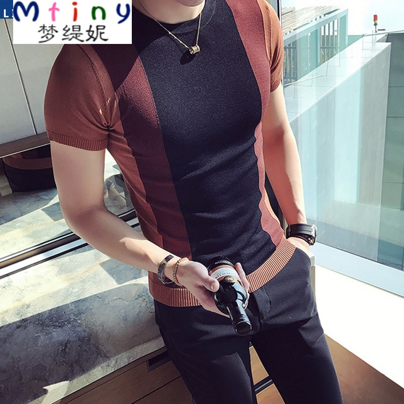 Mtiny短袖T恤男士夏季韩版修身拼接发型师潮流休闲针织衫半截袖体恤