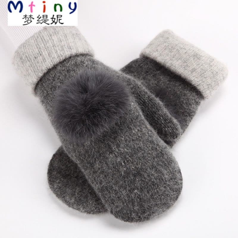 Mtiny  新品兔毛球手套女冬天学生韩版可爱全指连指羊毛双层加厚保暖图片