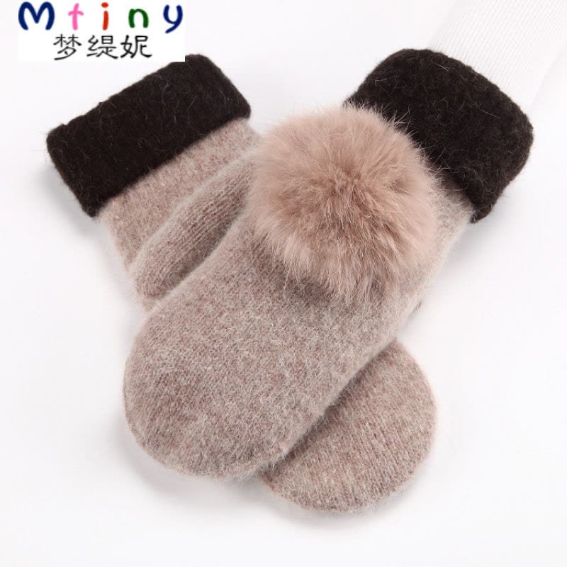 Mtiny  新品兔毛球手套女冬天学生韩版可爱全指连指羊毛双层加厚保暖图片