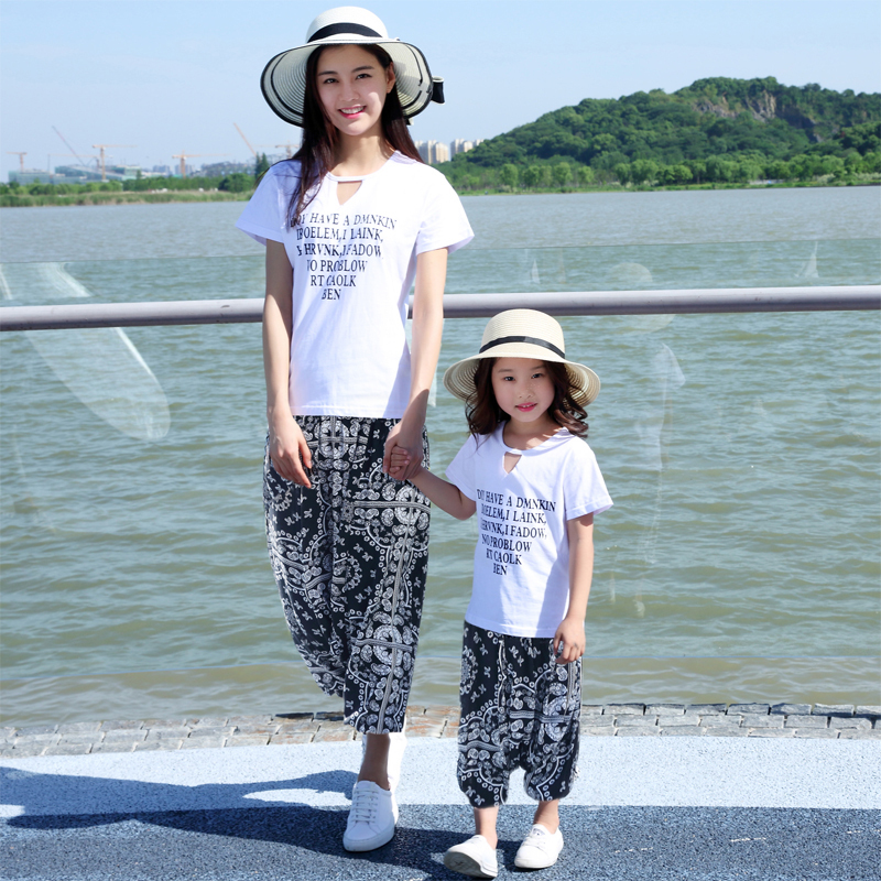 828新款亲子装母女装夏装2017新款韩版母子夏季短袖T恤男女童飞鼠裤套装